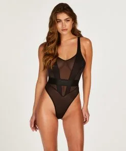 Hoch Ausgeschnittener Body Glossy - Schwarz